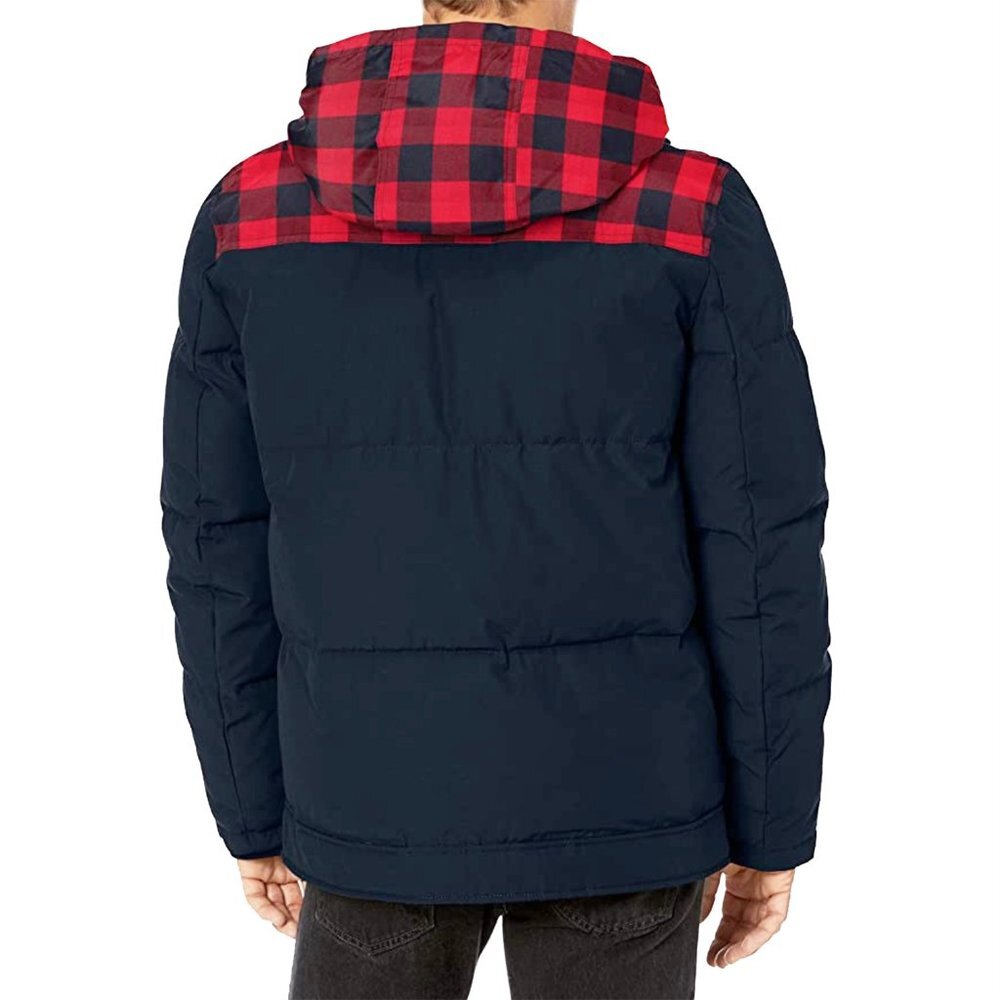 Levi's Men's Jacket Heavyweight Mid-Length Hooded Military Puffer Navy Red Plaid - Picture 2 of 6